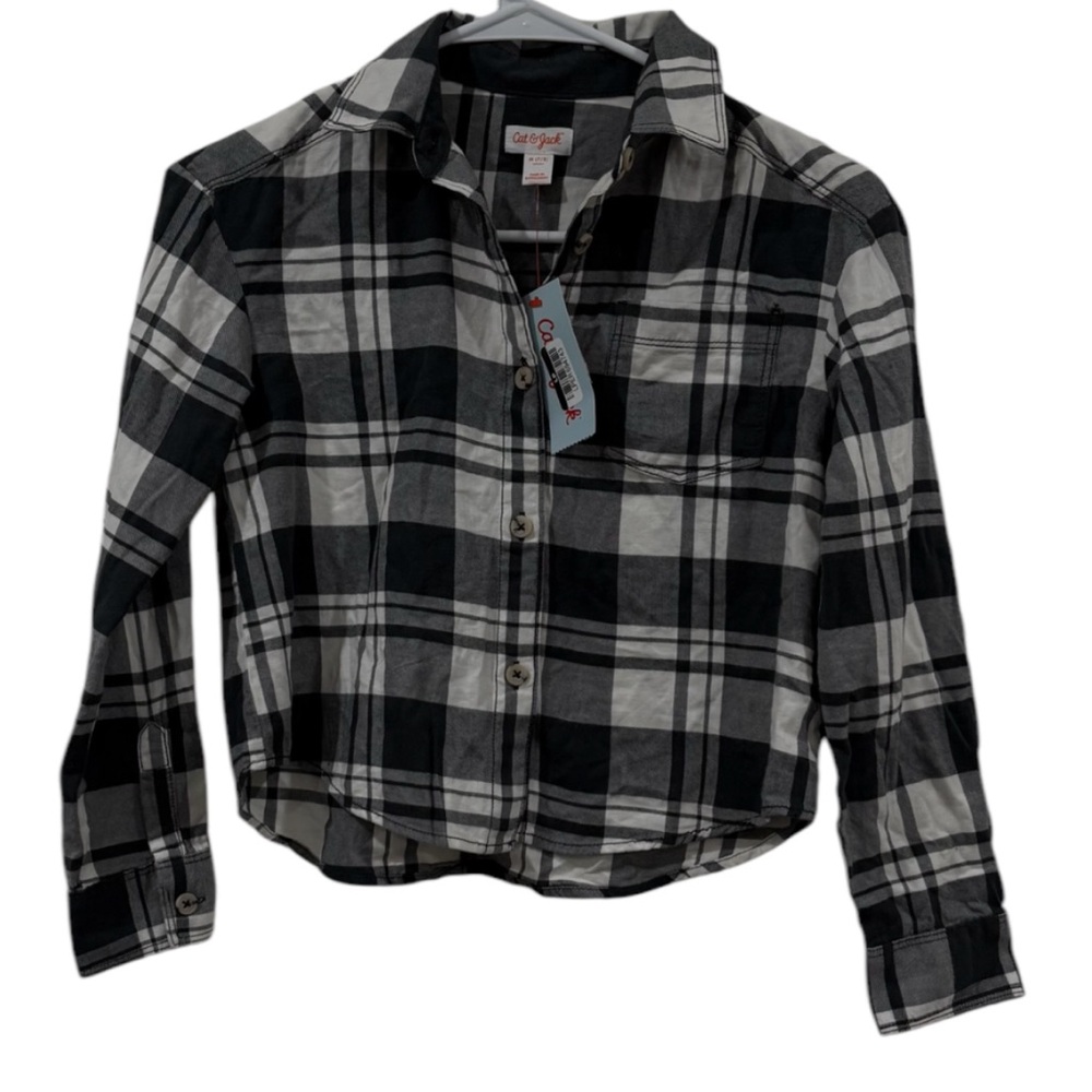 Cat & Jack Black and White Button Down Shirt with Plaid Pattern